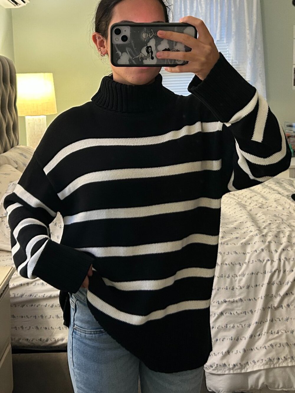 Old Navy Oversized Black White Stripe Turtleneck Sweater